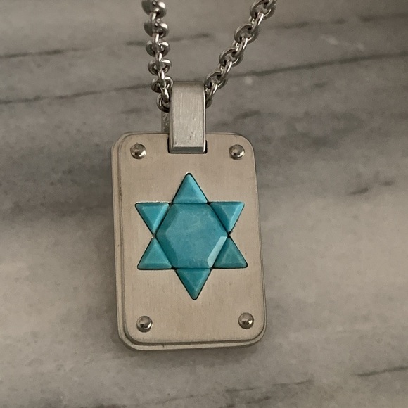 Turquoise and Stainless Steel Star of David Dog Tag On 24” Chain - Picture 1 of 3